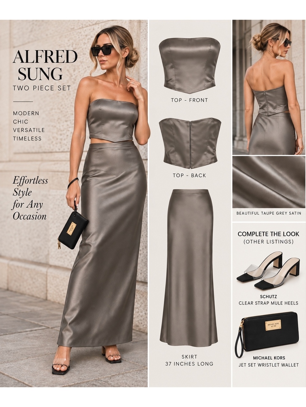 Alfred Sung XS Gray Taupe Satin Formal 2 Piece Strapless Top & Skirt Set